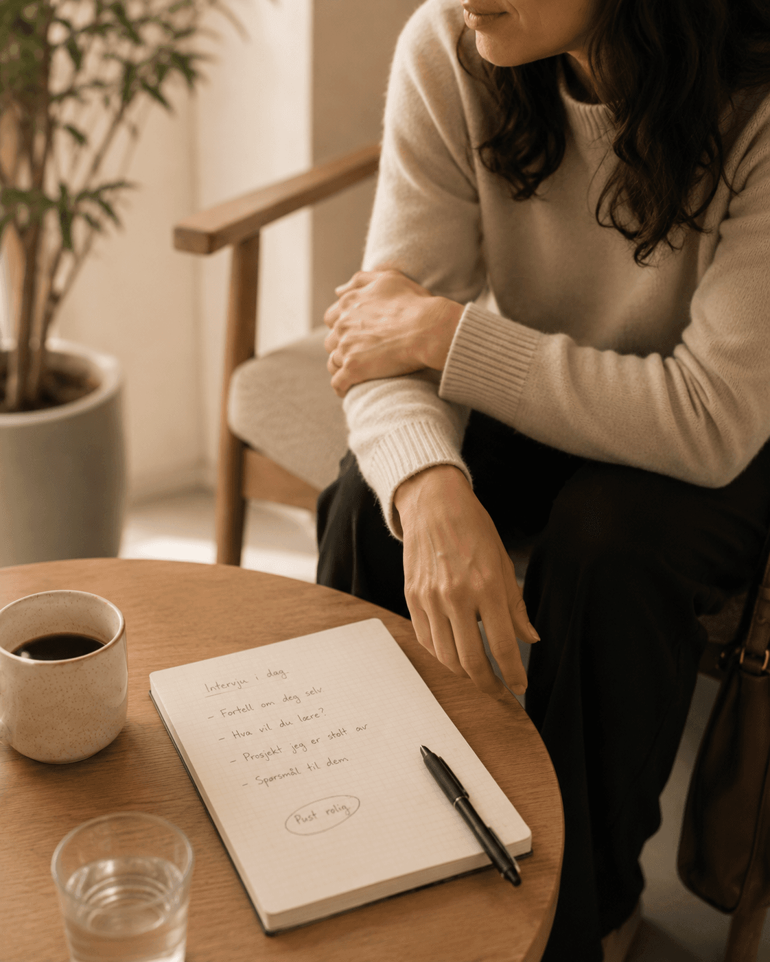 Candidate preparing for an interview with notes and coffee