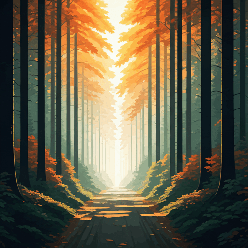 Illustration of a forest path with warm light ahead